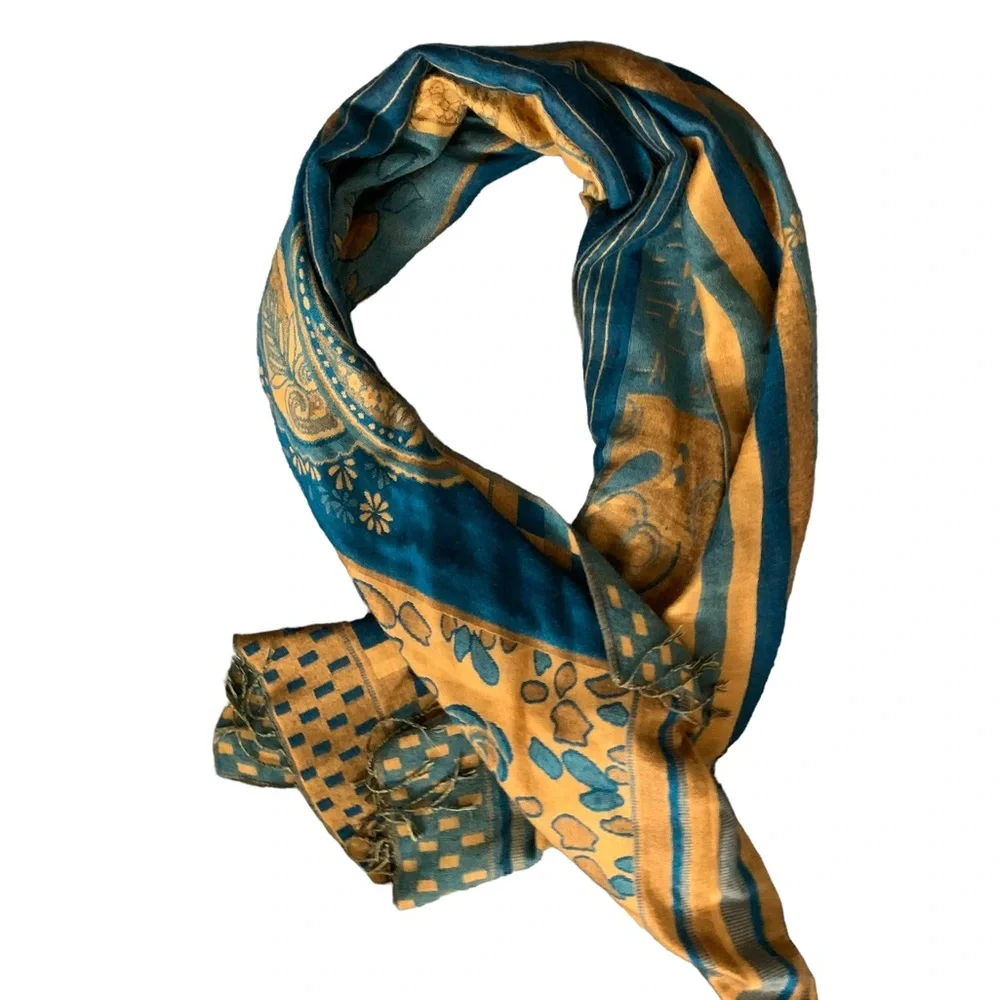 Pashmina Shawl Wrap Scarf Turquoise Gold Paisley Wool Large